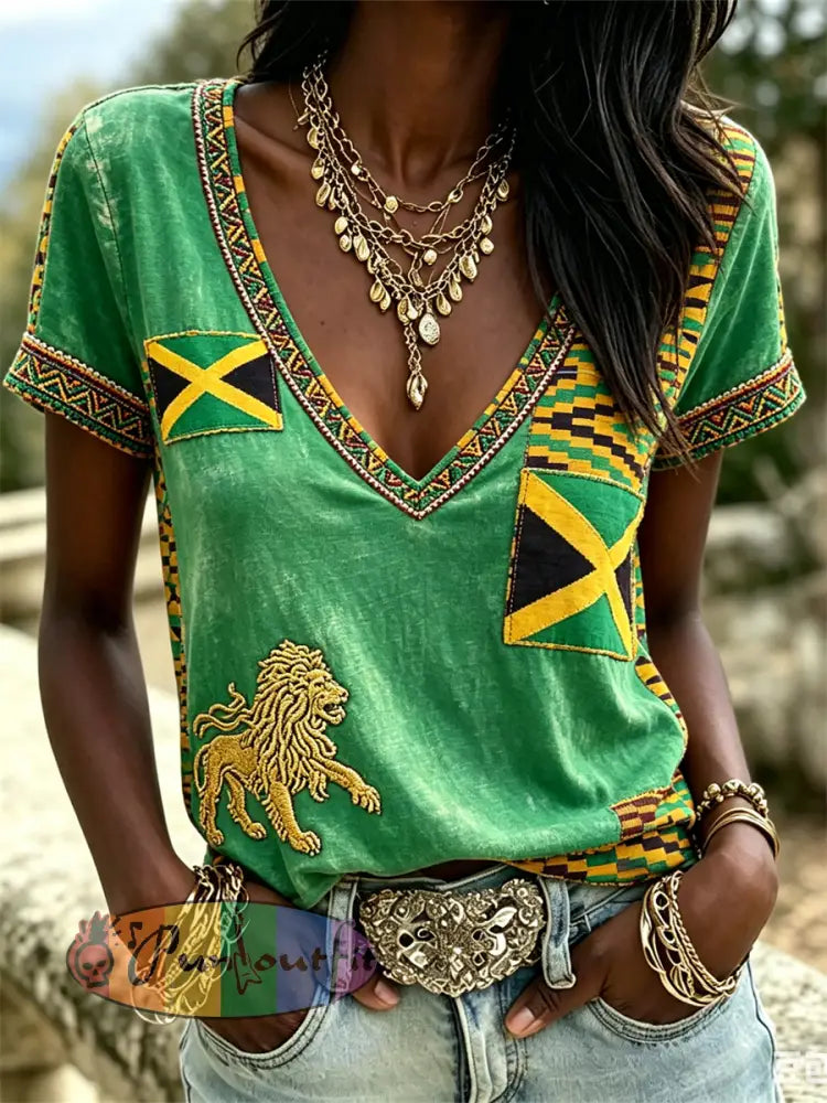 Women's Reggae Lion Jamaica Flag & Kente Patchwork Print short-sleeved T-shirt