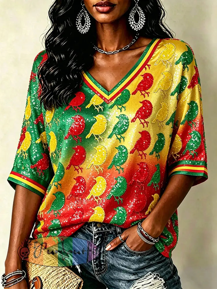 Women's Reggae Birds Glitter Art Print Mid-length Sleeves V-Neck T-Shirt