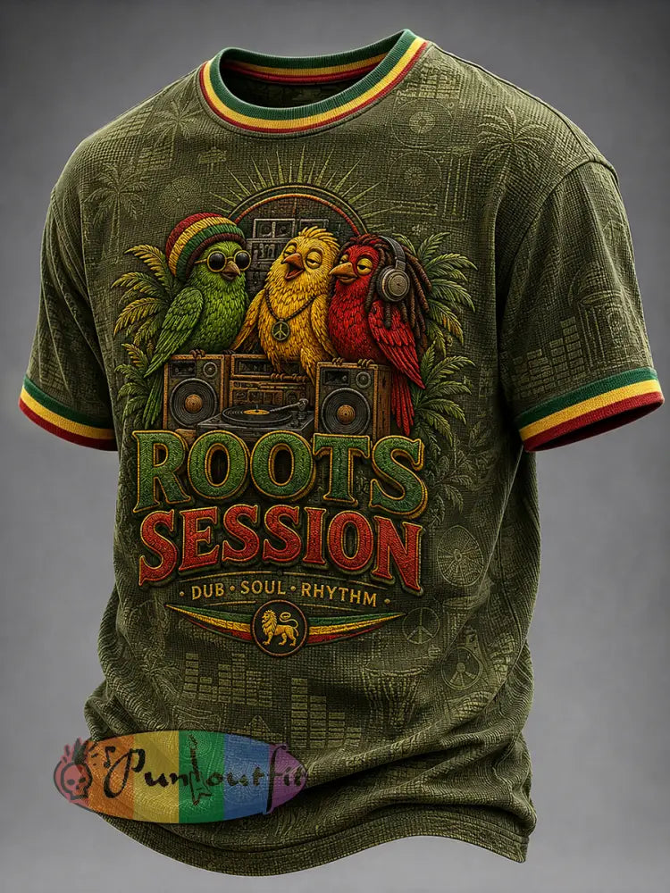 Fun Reggae-Themed Artistic Casual Waffle-Weave T-Shirt