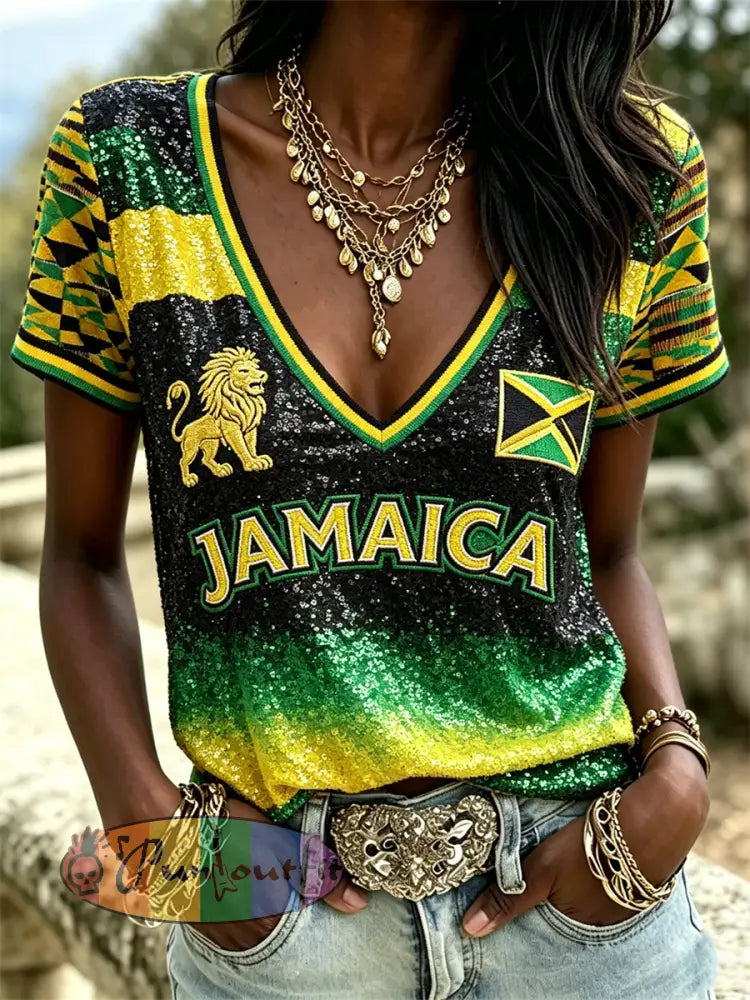 Women's Jamaica Lion & Flag Inspired Glitter Gradient Print short-sleeved T-shirt