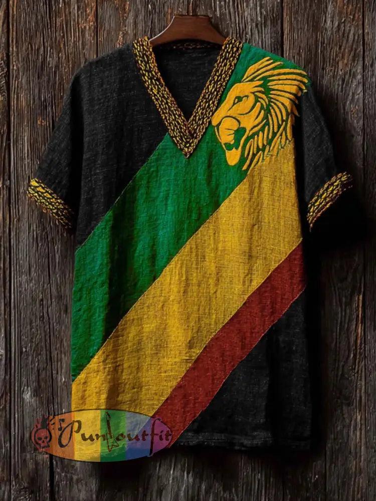 Men's Retro Reggae Color-blocked Design Casual Short Sleeve T-shirt