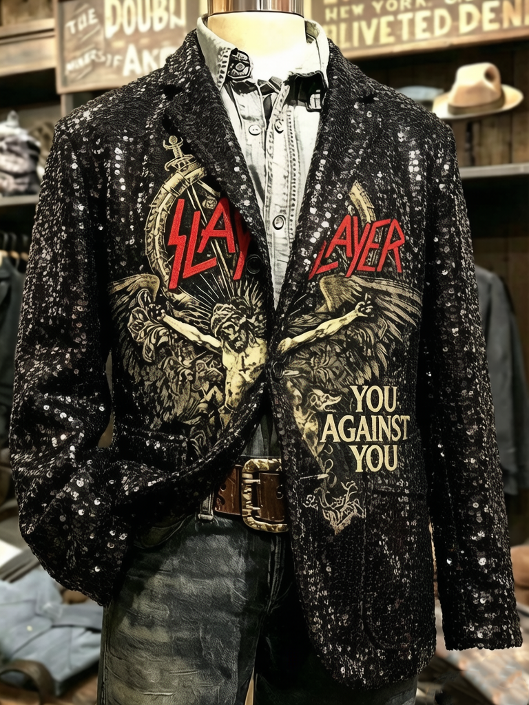 Men's American Thrash Metal Band Print Corduroy Blazer