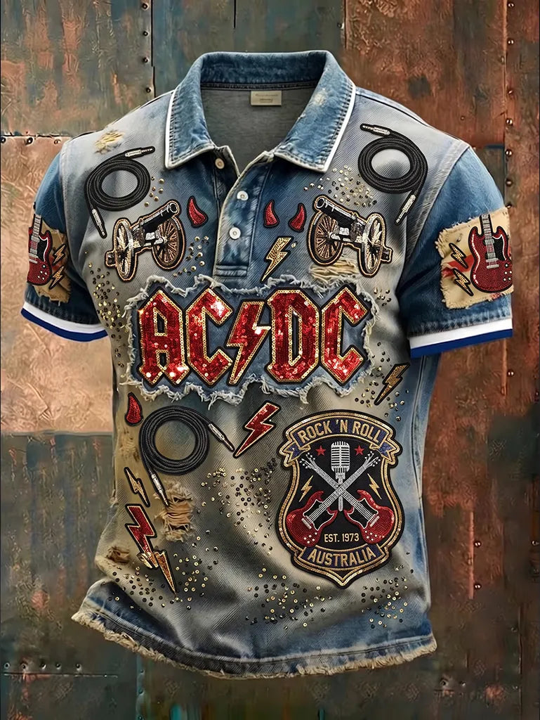 Men’s Rock Graphic Distressed Polo Shirt