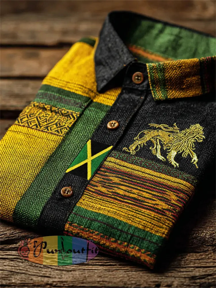 Men's Reggae Lion Jamaica Flag African Kente Colorblock Print Short Sleeve Shirt