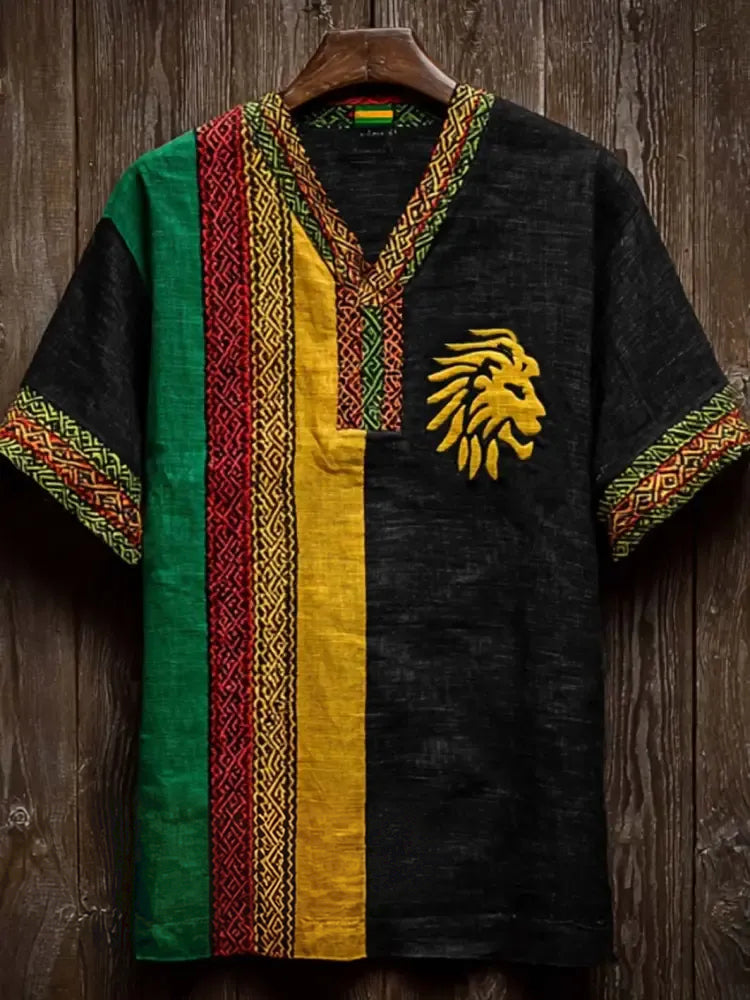 Men's Retro Reggae Color-blocked Design Casual Short Sleeve T-shirt