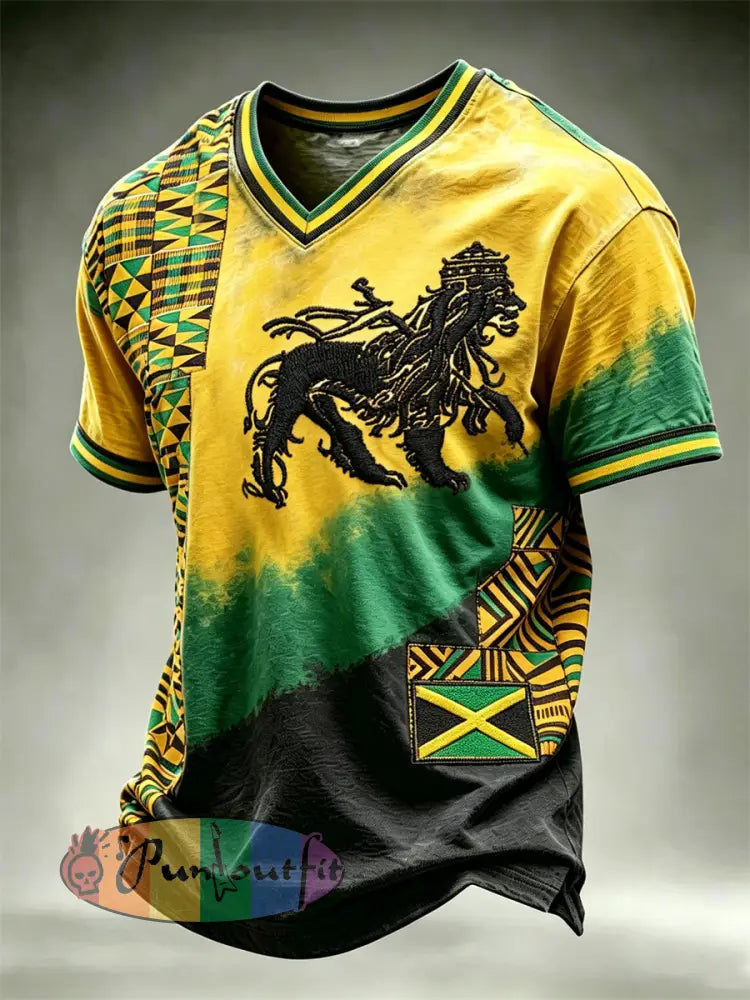 Men's Reggae Lion Jamaica Flag Inspired Kente Patchwork Print V-neck T-shirt