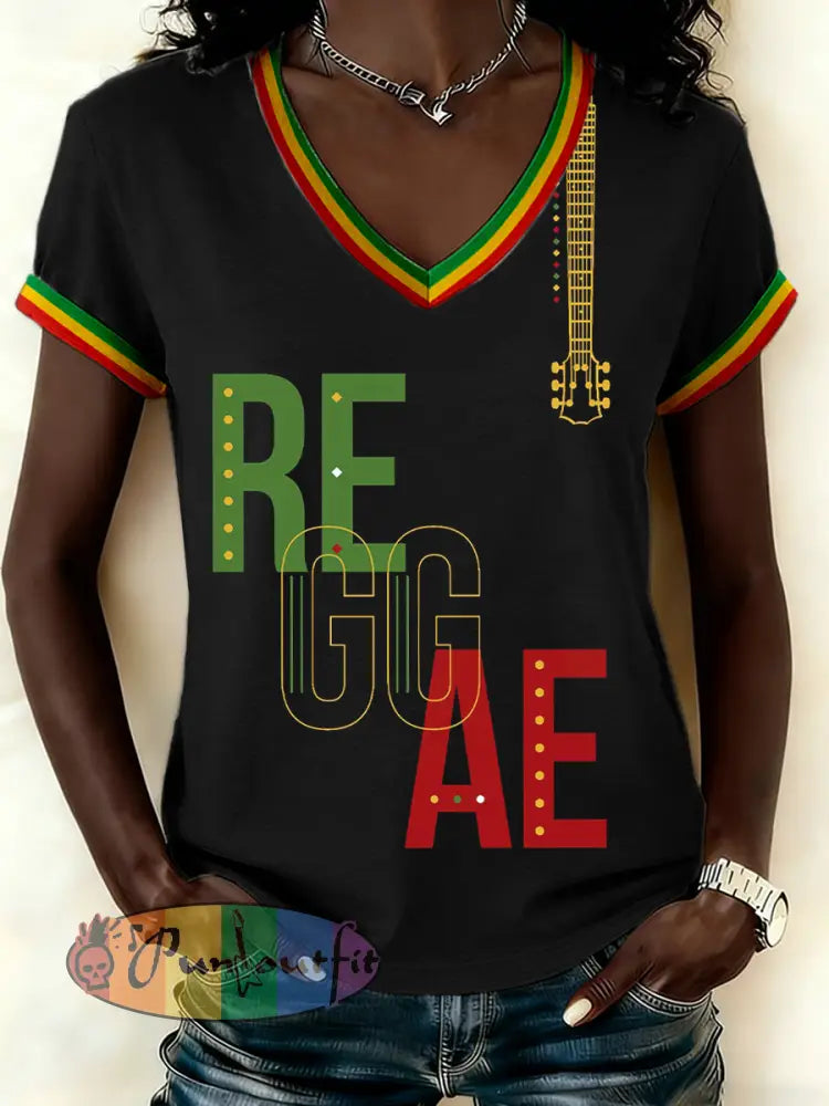 Women's Reggae Music Inspired Print V-Neck T-Shirt