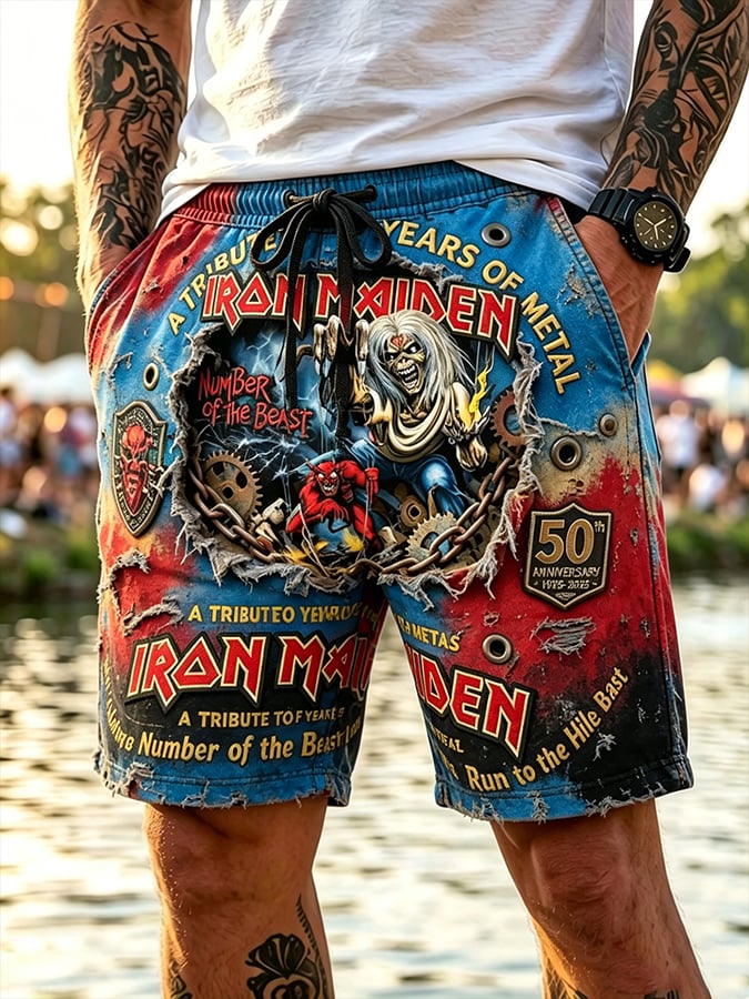Men's England Heavy Metal Band Tour Print Casual Shorts