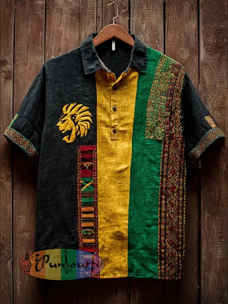Men's retro reggae color-blocked design casual linen short-sleeve shirt