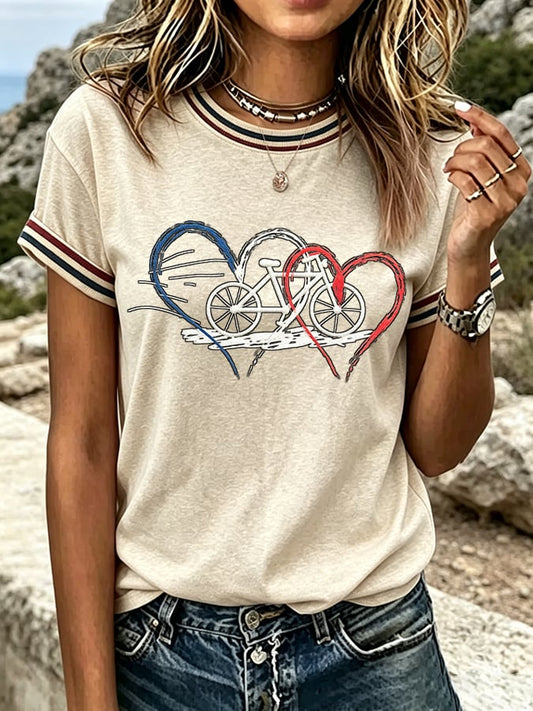 Women's French Bicycle Print Casual T-shirt