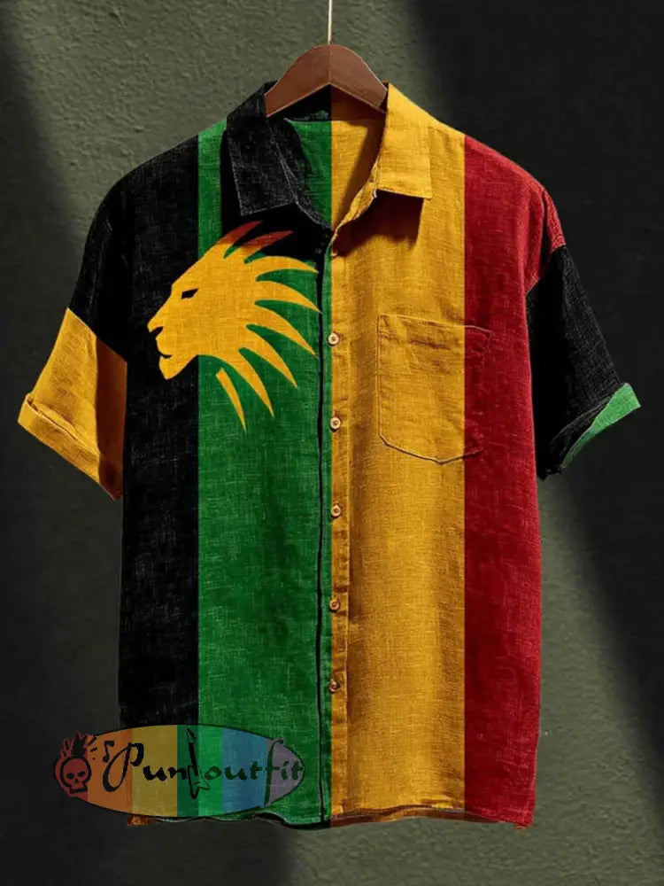 Men's retro reggae color-blocked design casual short-sleeve shirt