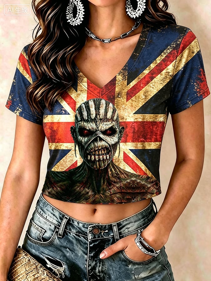 Women's Casual British Heavy Metal Band Tour Print T-shirt