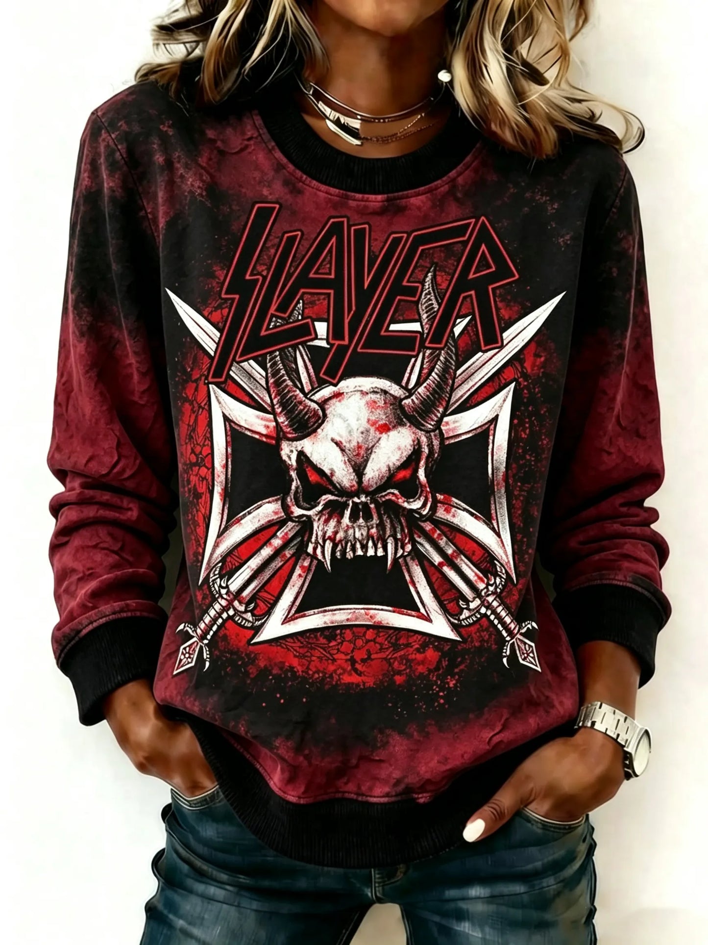 Women's Thrash Metal Band Graphic Crew-Neck Long-Sleeve Sweatshirt