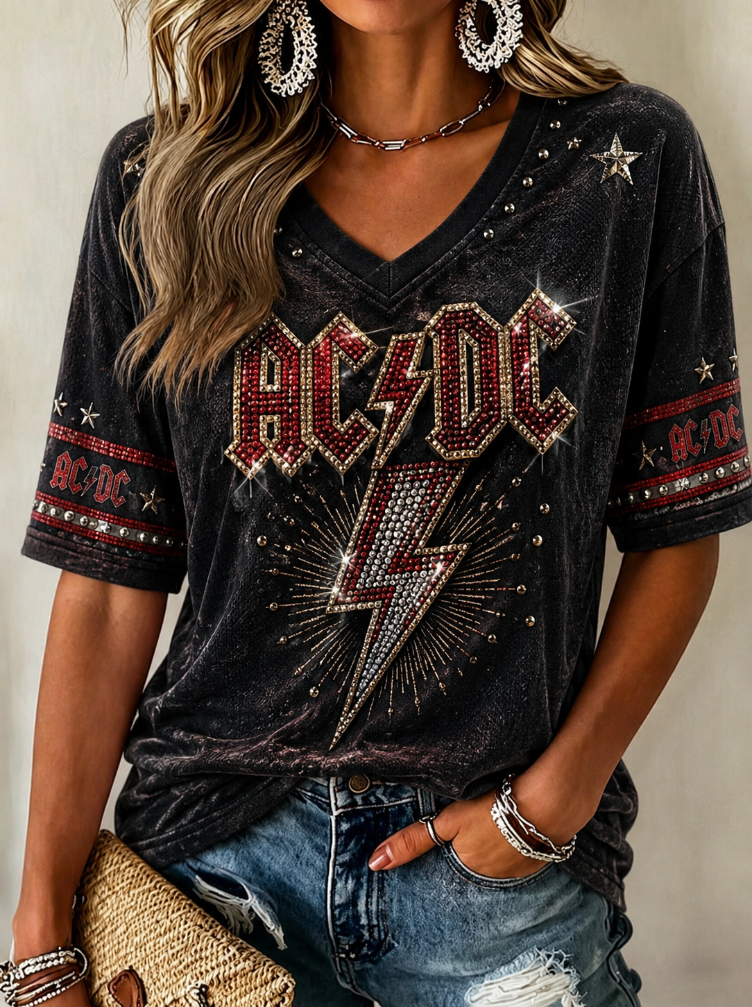 Women's V-Neck Graphic T-Shirt With AC/DC Print