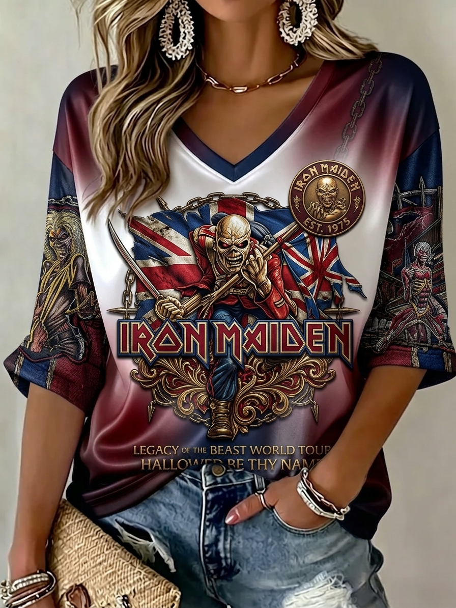 Women's Vintage Iron Maiden Rock V-Neck Top