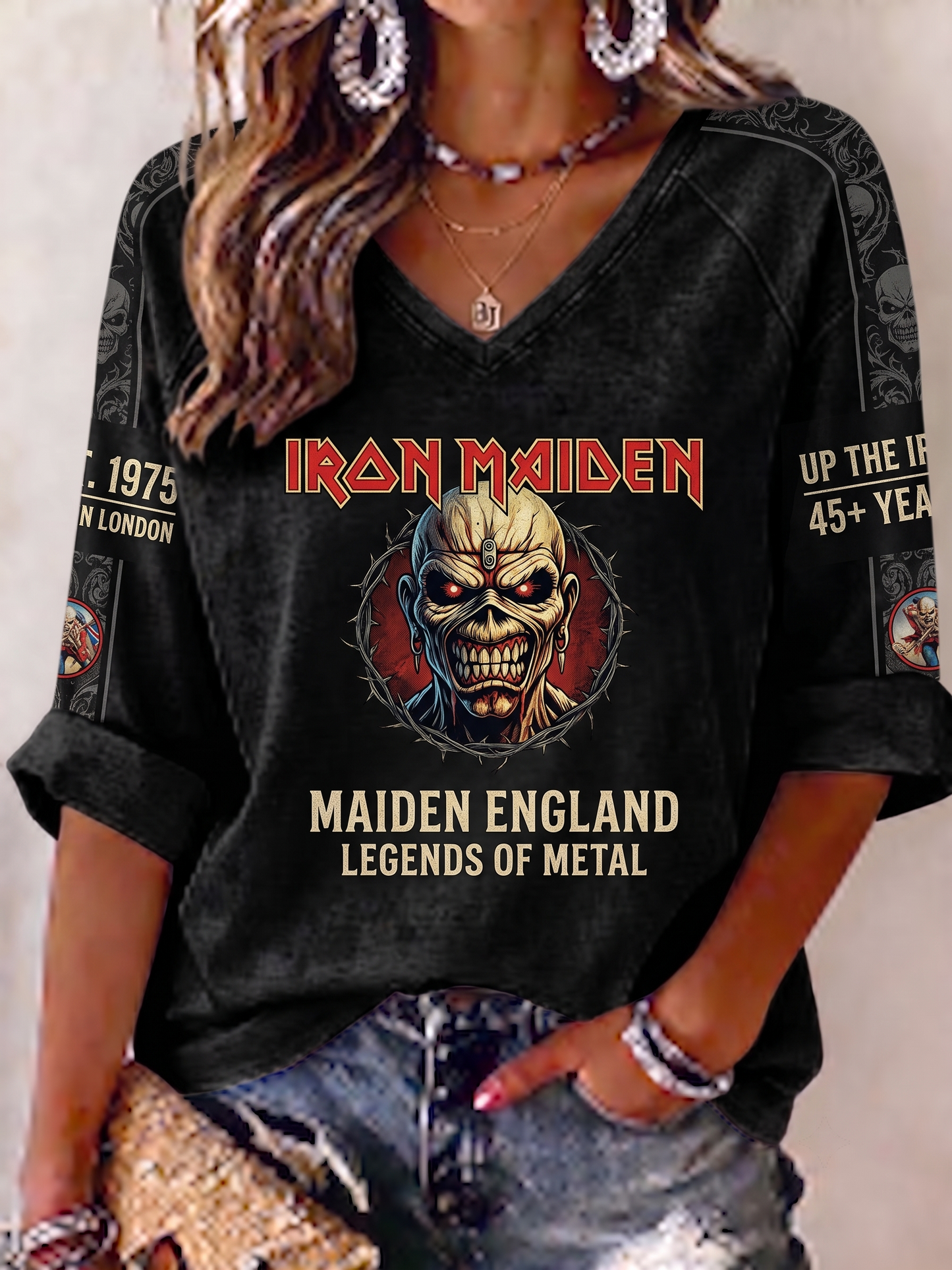 Women's Vintage Iron Maiden Rock V-Neck Top