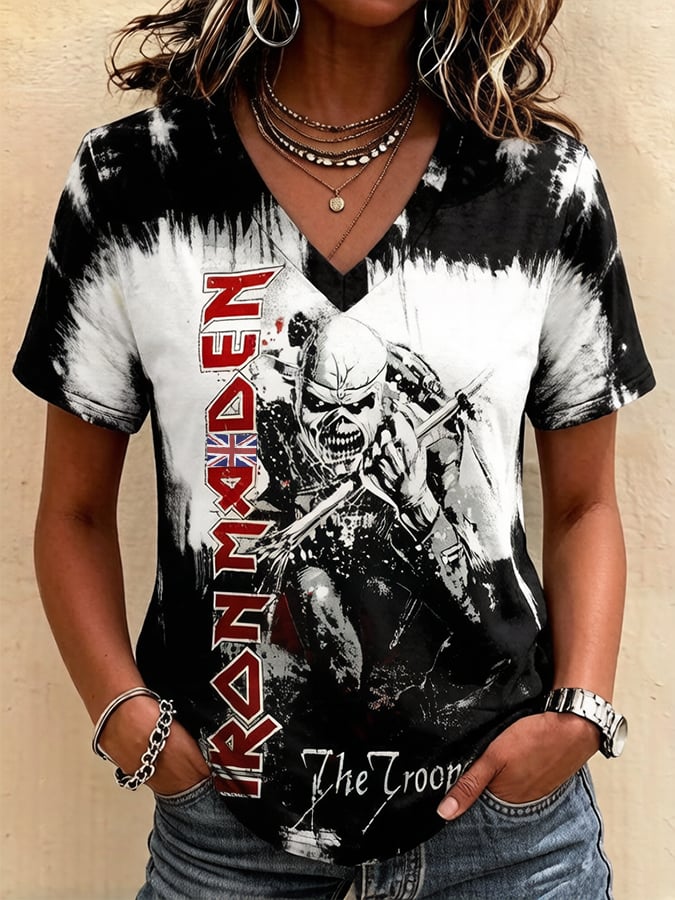 Women's England Heavy Metal Band Short-Sleeve V-Neck Printed T-Shirt