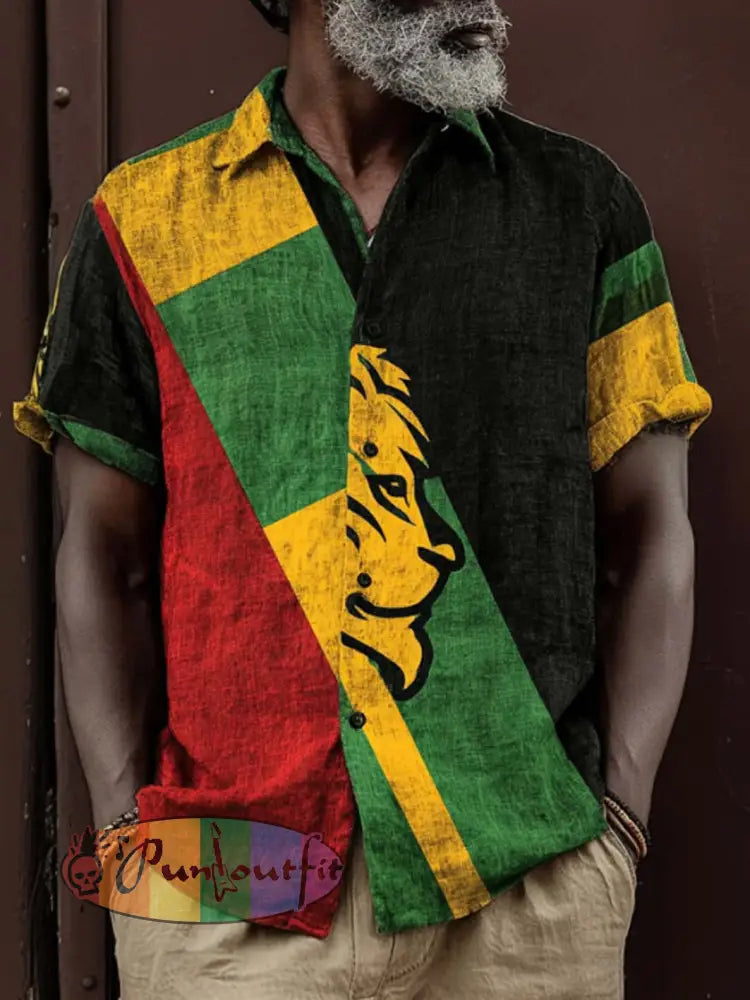 Men's retro reggae color-blocked design casual linen short-sleeve shirt
