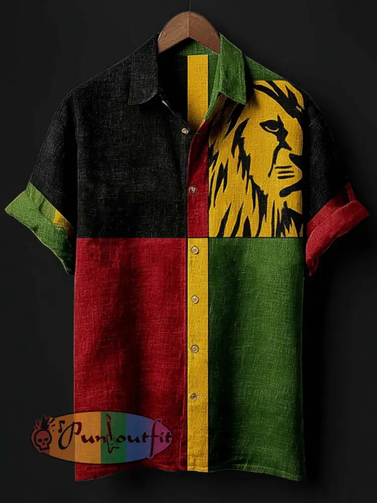 Men's retro reggae color-blocked design casual linen short-sleeve shirt