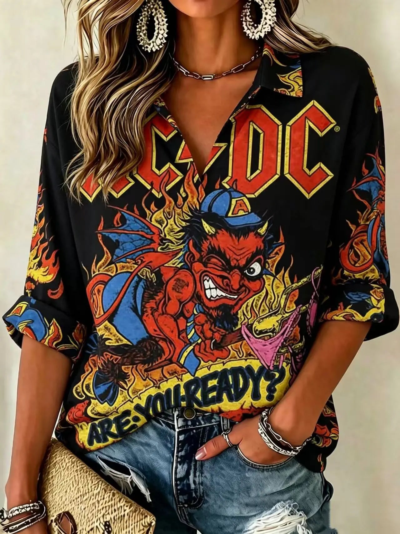 Women's Casual ACDC Fans Print Shirt