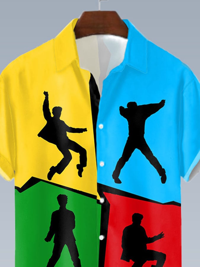 Men's Music King Of Rock Roll Color Block Short Sleeve Shirt