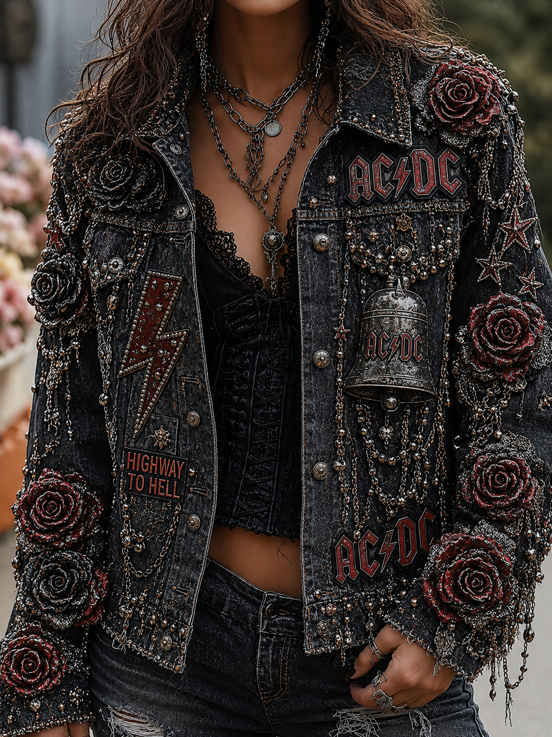 Women's Distressed Denim Jacket With AC/DC Rock Band Graphic Print – 100% Cotton