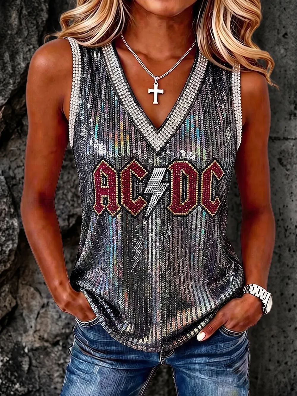Women's Retro AC/DC Rock Band Sleeveless Top