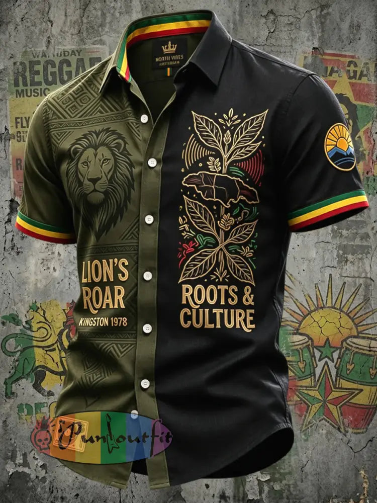 Retro Reggae Lion Art Patchwork Casual Shirt