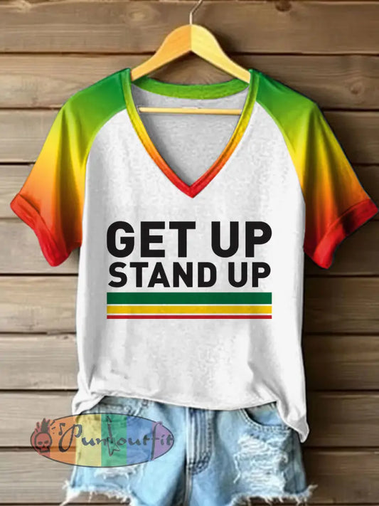 Women's Reggae Printed Vintage Fashion V-Neck Loose Short Sleeve T-Shirt