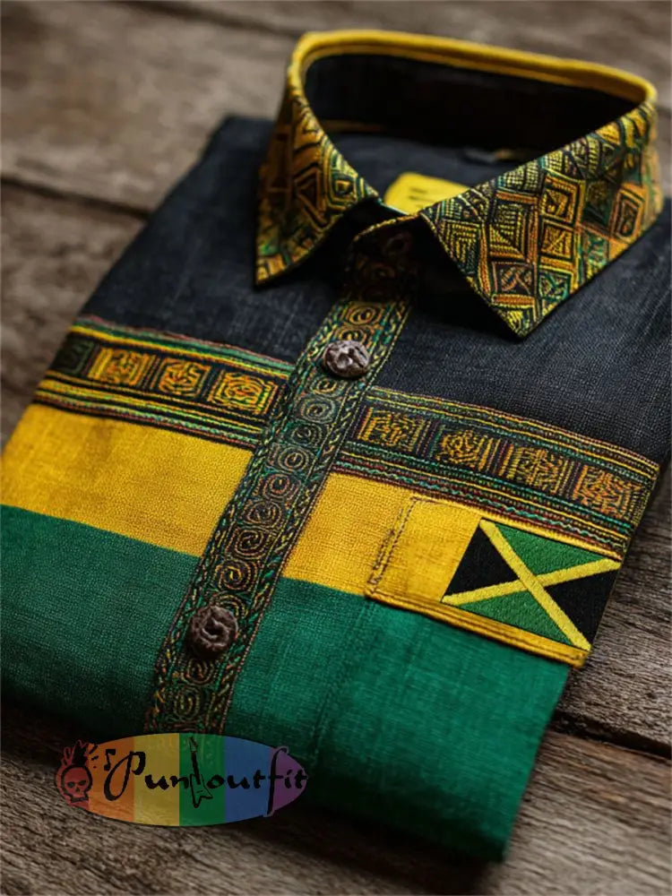 Men's Jamaica Flag Inspired African Kente Colorblock Print Short Sleeve Shirt
