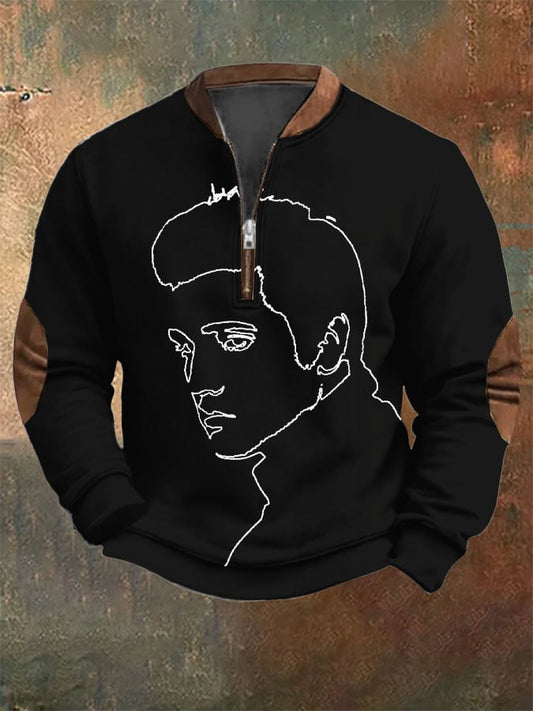Men's Retro King Of Rock Roll Print Zip Sweatshirt