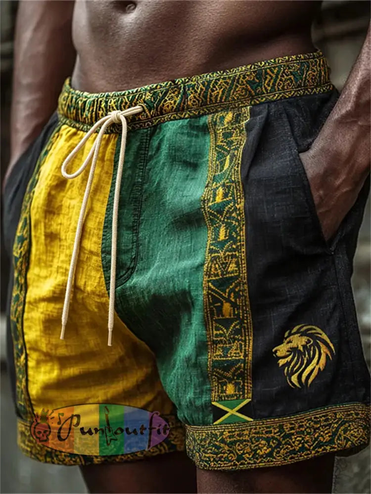 Men's Reggae Lion Jamaica Flag Ethnic Colorblock Print Linen Shorts
