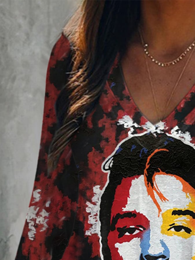 V-neck King Of Rock Roll Print T-Shirt