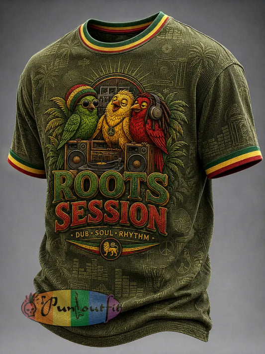 Fun Reggae-Themed Artistic Casual Waffle-Weave T-Shirt