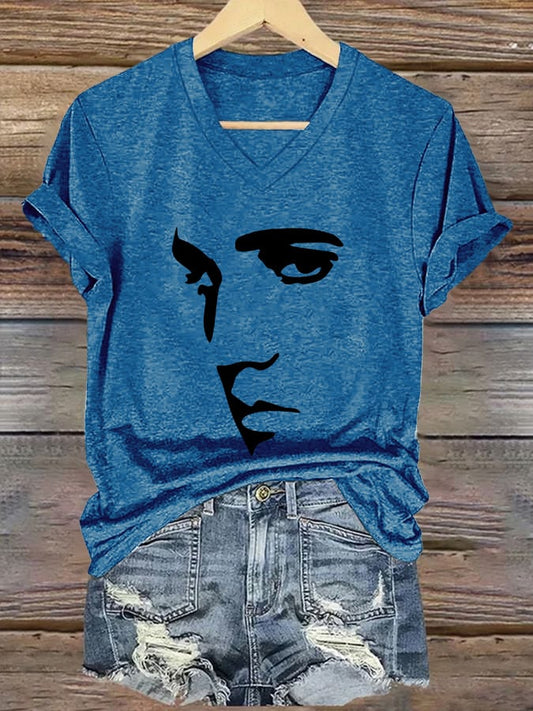 V-neck Retro King Of Rock Roll Print T-Shirt