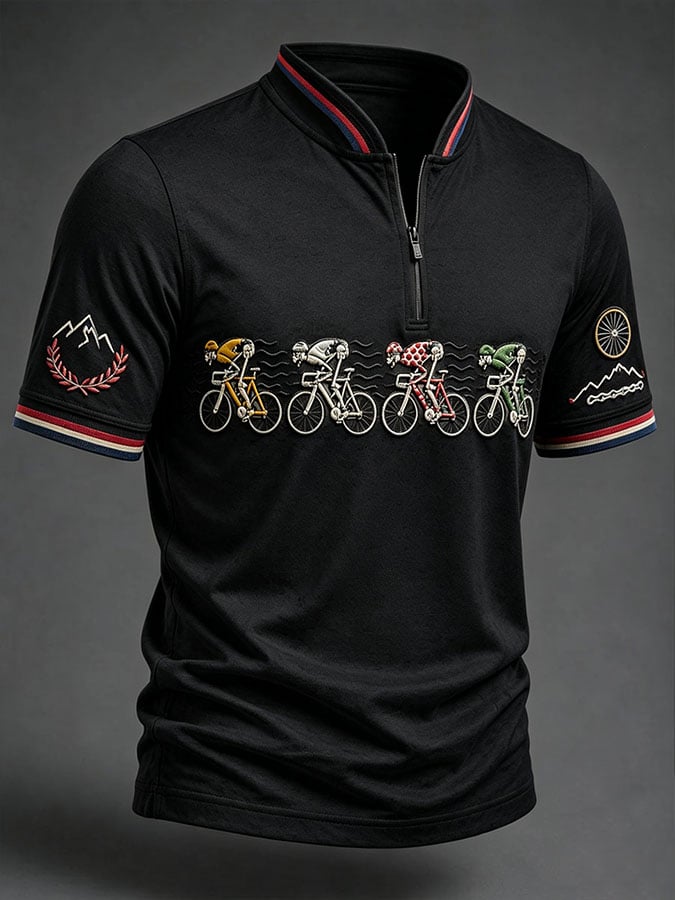 Men's Casual Printed Stand Collar Zip-Up Henley Shirt