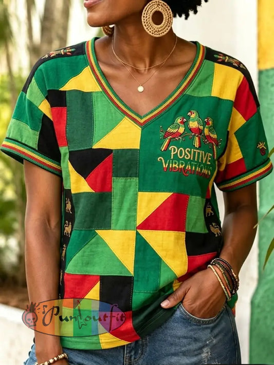 Women's Retro Reggae Geometric Patchwork Casual V-Neck T-Shirt