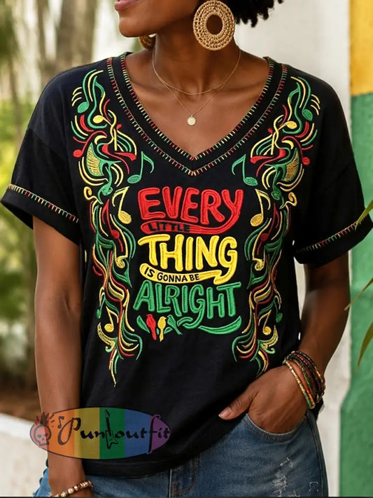 Women's Retro Every Little Thing Is Gonna Be Alright Casual V-Neck T-Shirt