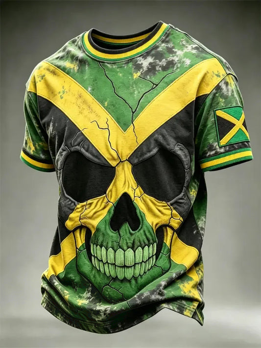 Men's Vintage Skull Jamaica Flag Colorblock Tie Dye Print short sleeves t-shirt