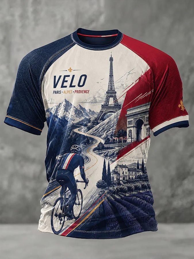 T-shirt décontracté pour homme à manches courtes et col rond, avec motif Tour de France