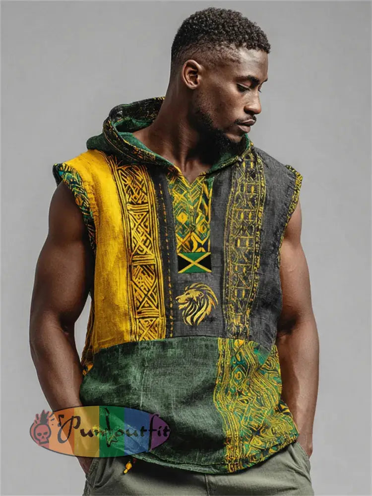 Men's Reggae Lion Jamaica Flag African Kente Hooded Linen Tank