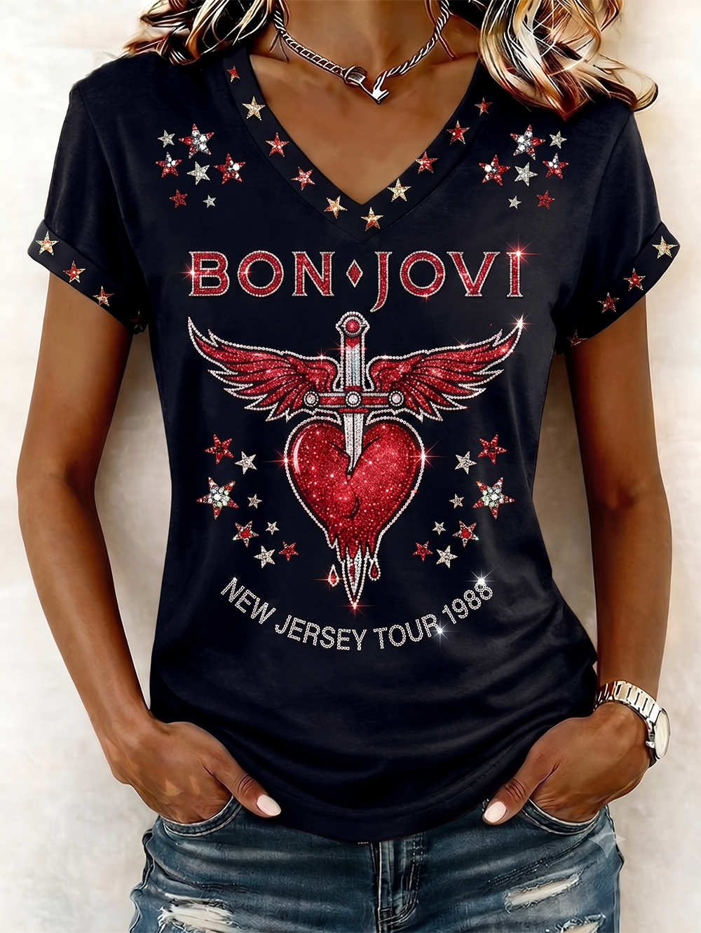 Vintage Bon Jovi Fan Short-Sleeve V-Neck T-Shirt