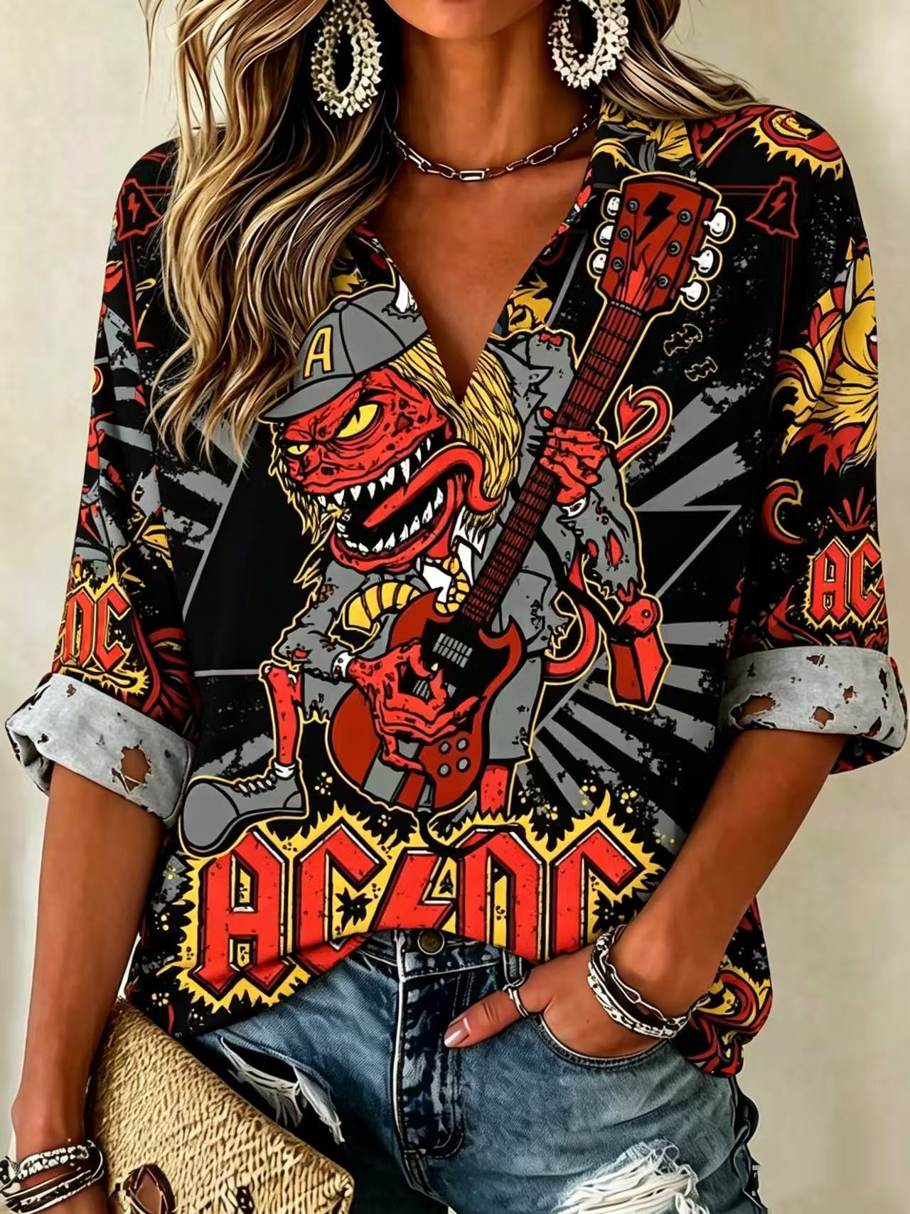 Women's Casual ACDC Fans Print Shirt
