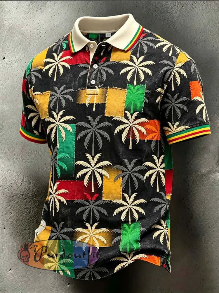Men's  retro reggae color-blocked design casual polo shirt