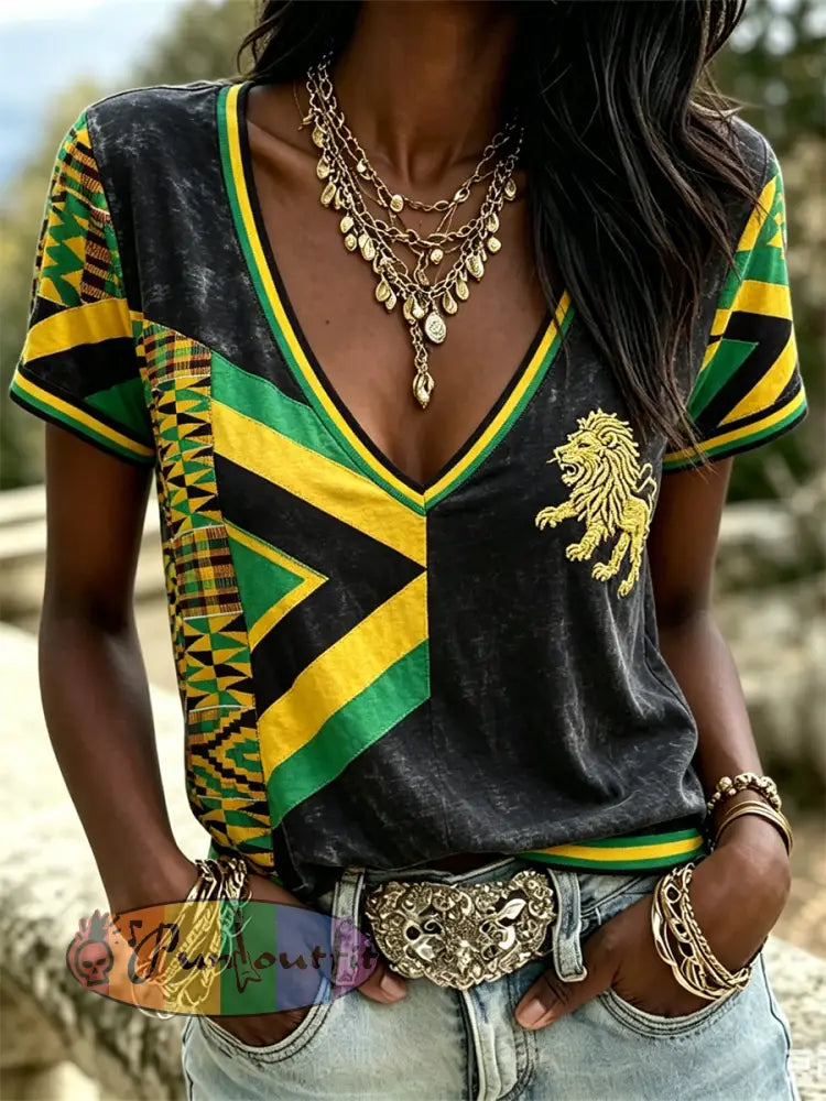 Women's Reggae Lion & Africa Kente Jamaica Flag Geometric Art Print short-sleeved T-shirt