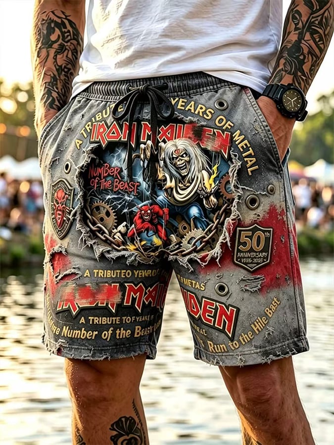 Men's England Heavy Metal Band Tour Print Casual Shorts