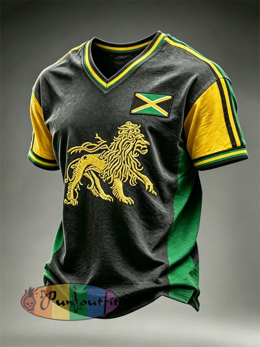 Men's Reggae Lion Jamaica Flag Colorblock Print Sports V-neck T-shirt