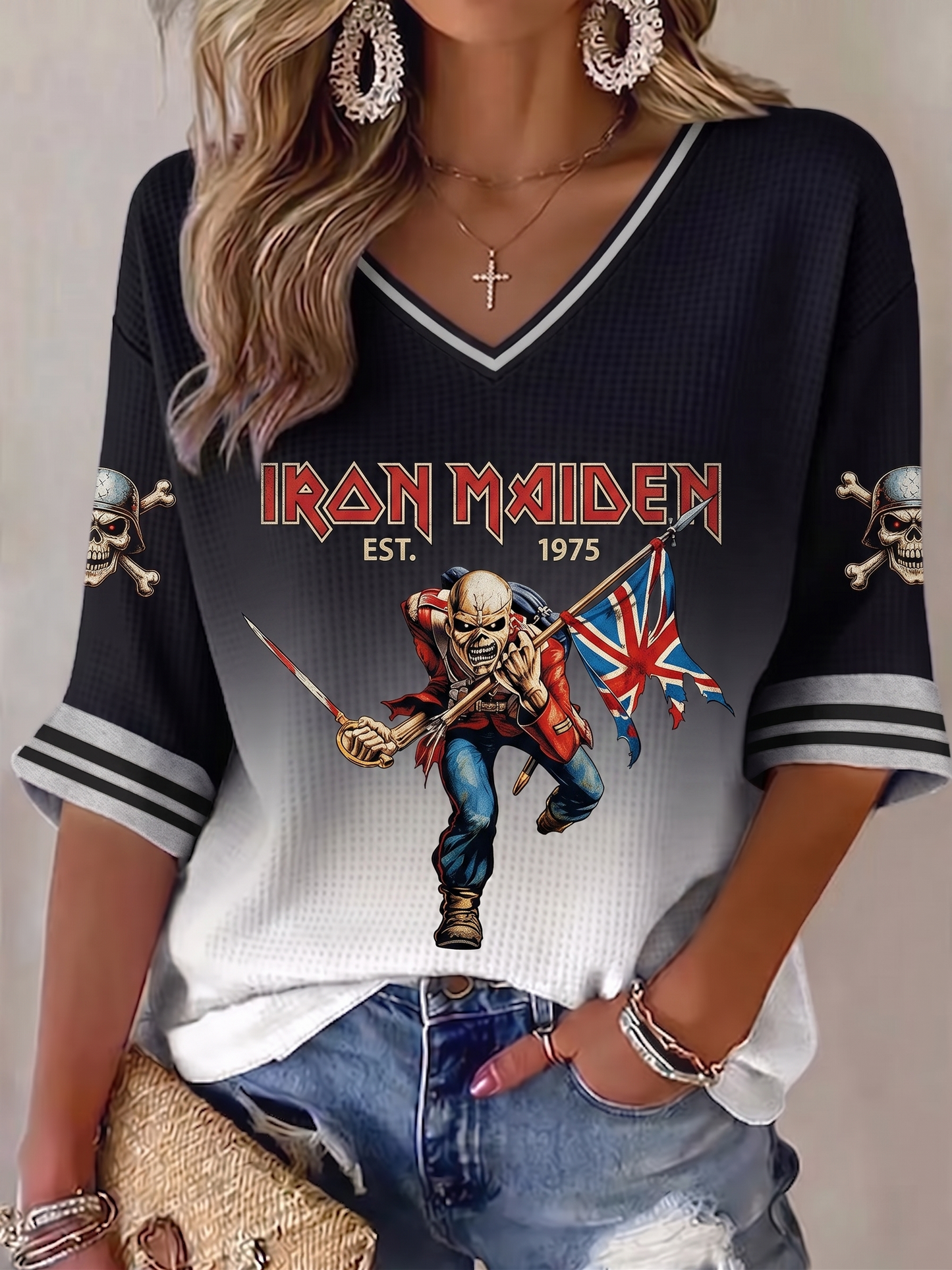 Women's Vintage Iron Maiden Rock V-Neck Top