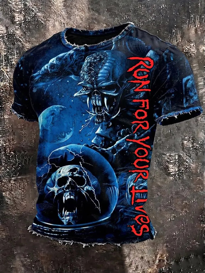Men's Casual Crew Neck Short-Sleeve T-Shirt with Band Print