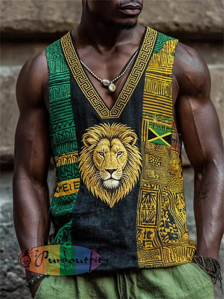 Men's Reggae Lion Face Jamaica Flag & Kente Colorblock V Neck Linen Tank